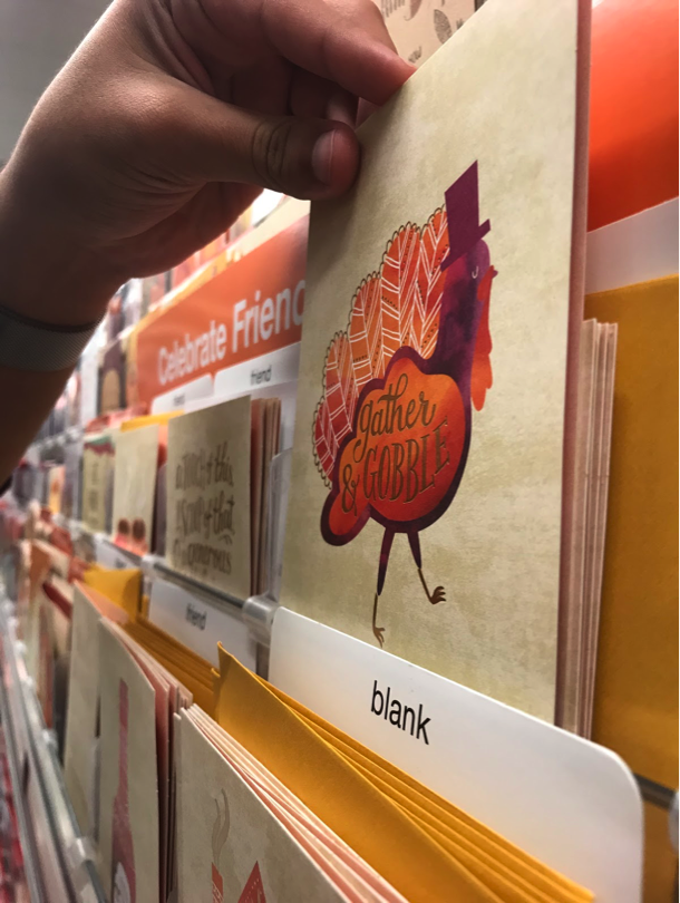 Thanksgiving themed cards fill countless rows of the card section in Target. The Thanksgiving season and madness has finally arrived. Photo Credit to Jessica Quintana.
