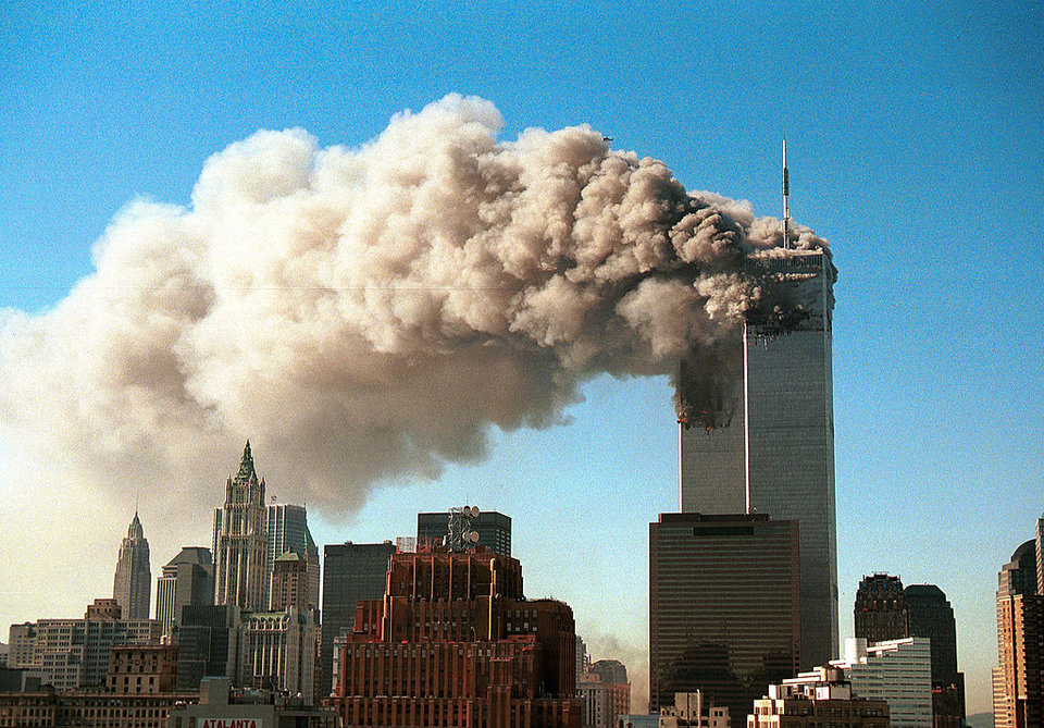 Smoke pours from the twin towers of the World Trade Center in New York City.