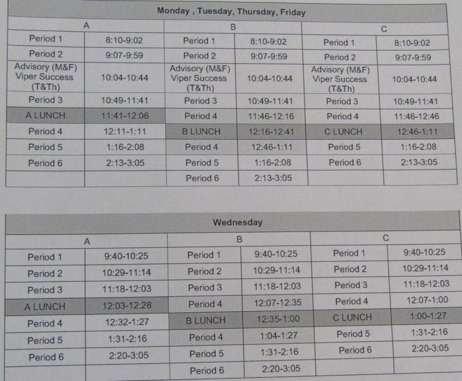 One of the new bell schedules printed for VHSs 2018-19 Academic Year, including a shortened bell schedule for Wednesdays.