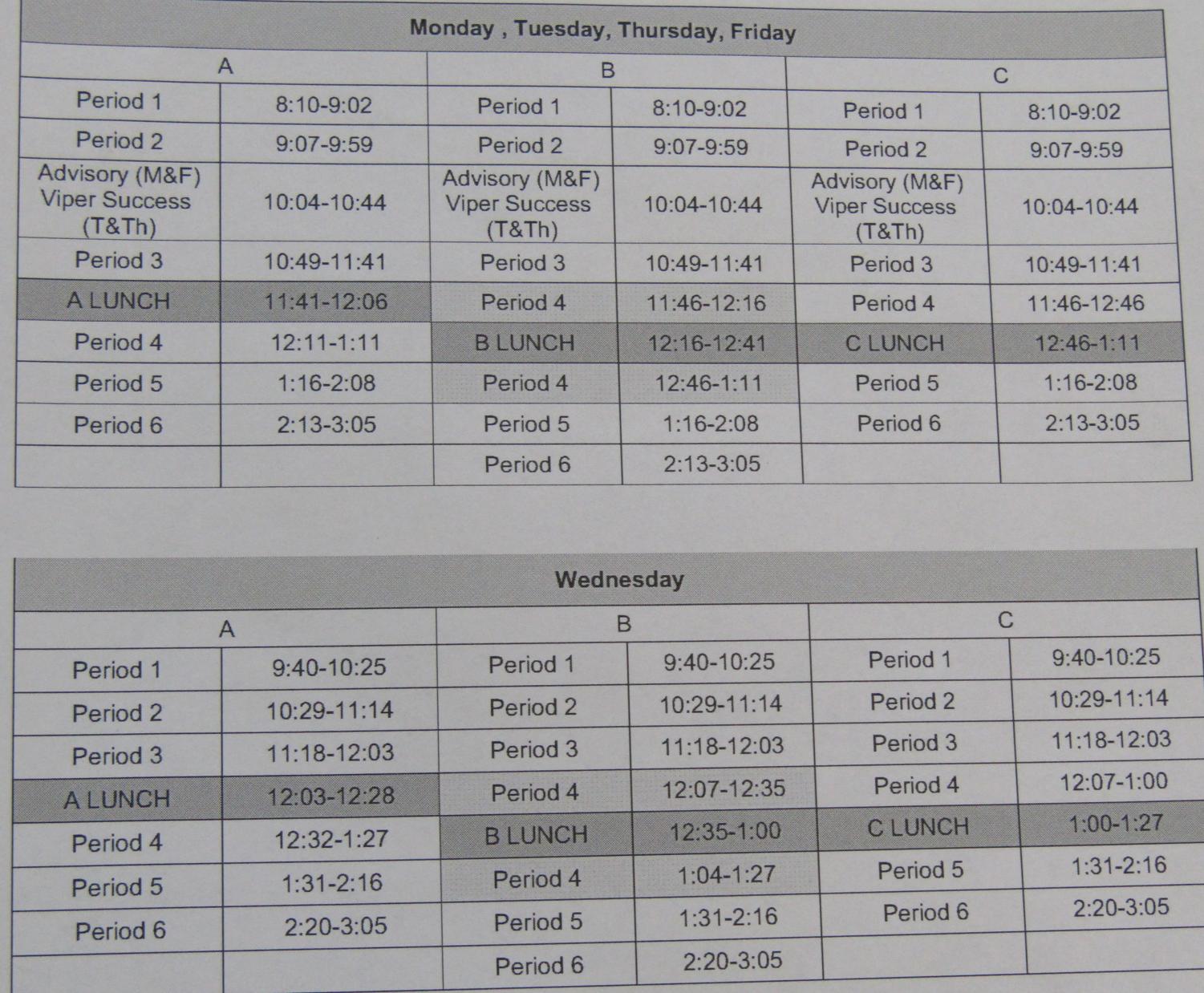 One of the new bell schedules printed for VHS's 2018-19 Academic Year, including a shortened bell schedule for Wednesdays.