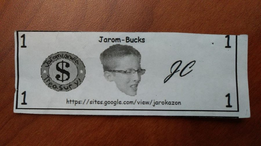 A standard Jarom Buck dollar bill, part of the currency used in the exchange of student-created art on Jarokazon.com.