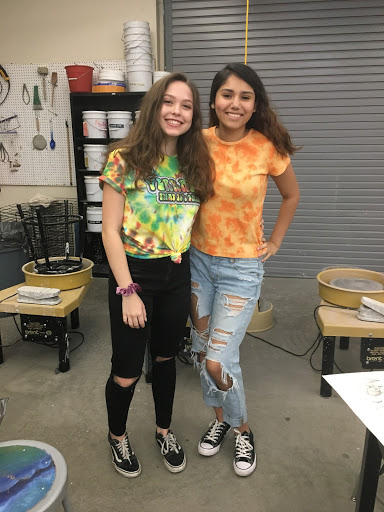 Seniors Hannah Hinton and Angelica Perez show off their seventies’ spirit by wearing tie dye on 9/11/18