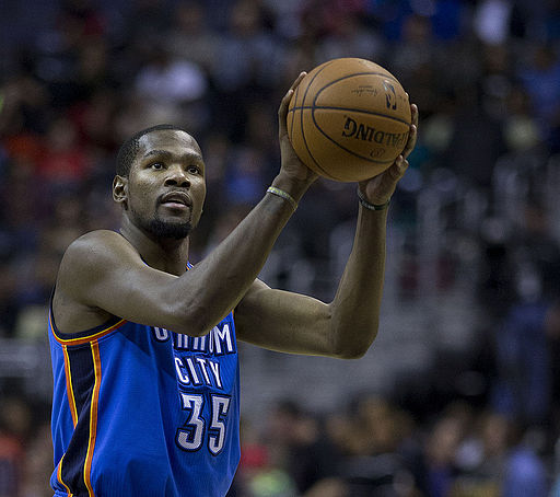 Kevin Durant lines up for a free throw during a game. 