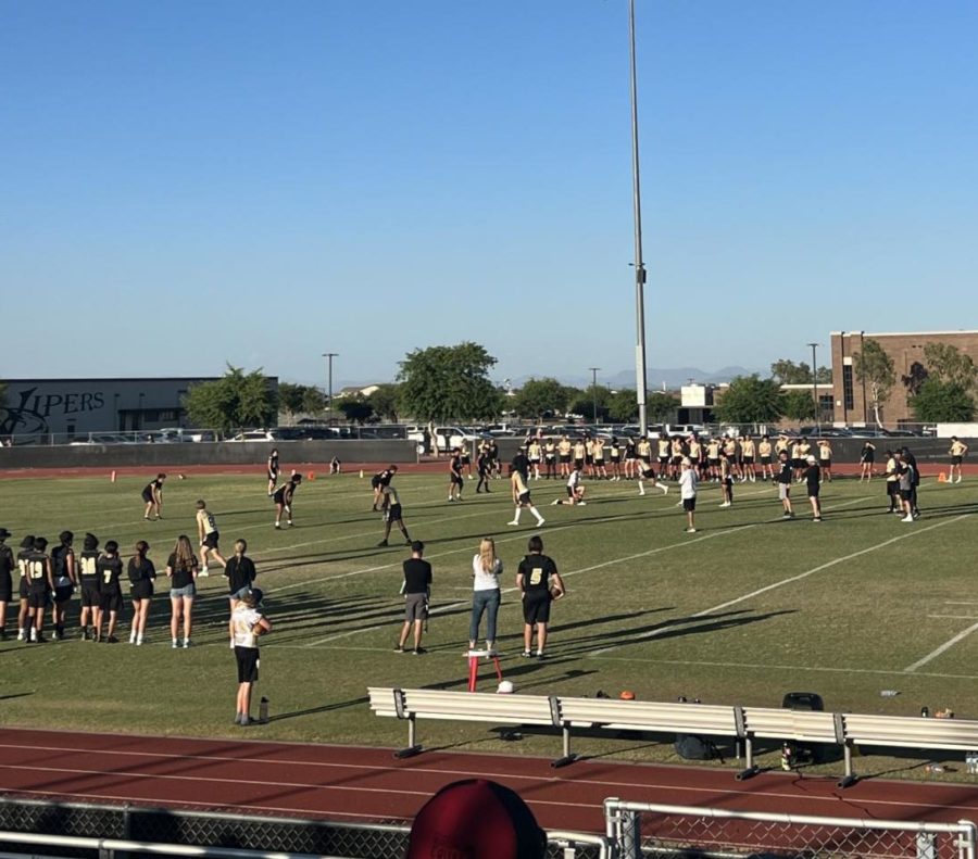 The Verrado Football team playing against each other in the opening scrimmage. 