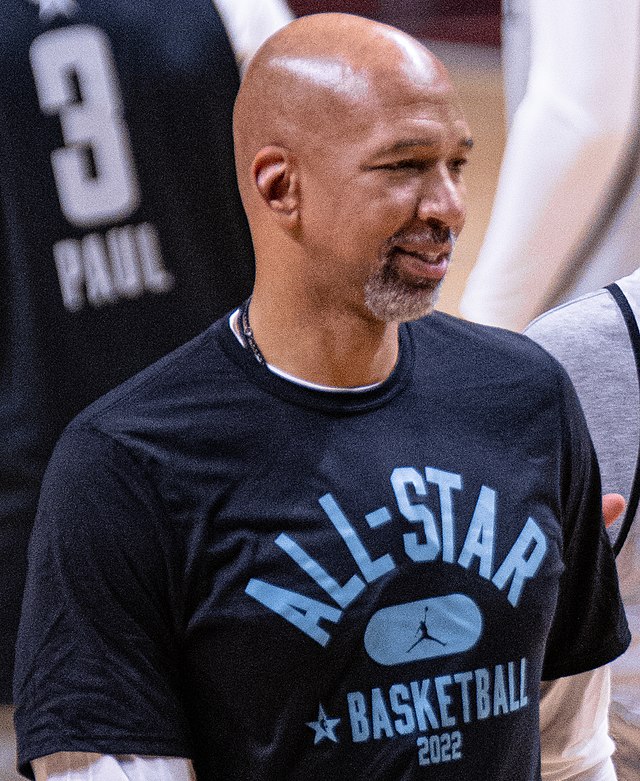 Monty Williams and Luka Doncic during the 2022 NBA All-Star Weekend at the Rocket Mortgage FieldHouse in Cleveland