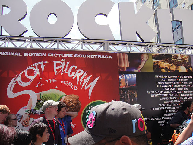 The wall at Los Angeles Comic-Con 2010, showcasing the soundtrack of the movie adaptation of Scott Pilgrim.