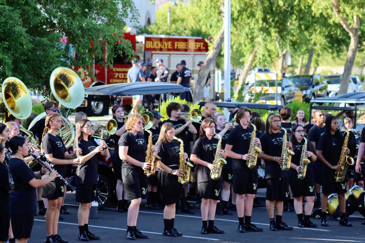 The Verrado Marching Band playing their fight song in the Homecoming parade.