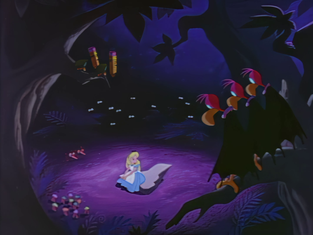 A frame from Alice In Wonderland showcasing the beautiful & detailed hand painted backgrounds.