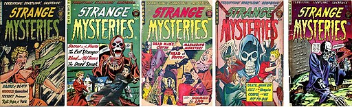 This is the image of five covers of the comic book Strange Mysteries (4, 14, 6, 7 and 11 ).