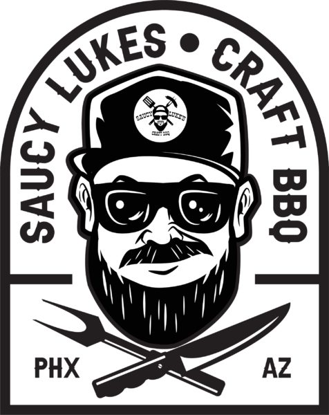 The Saucy Lukes logo, a very nice design colored black and white.