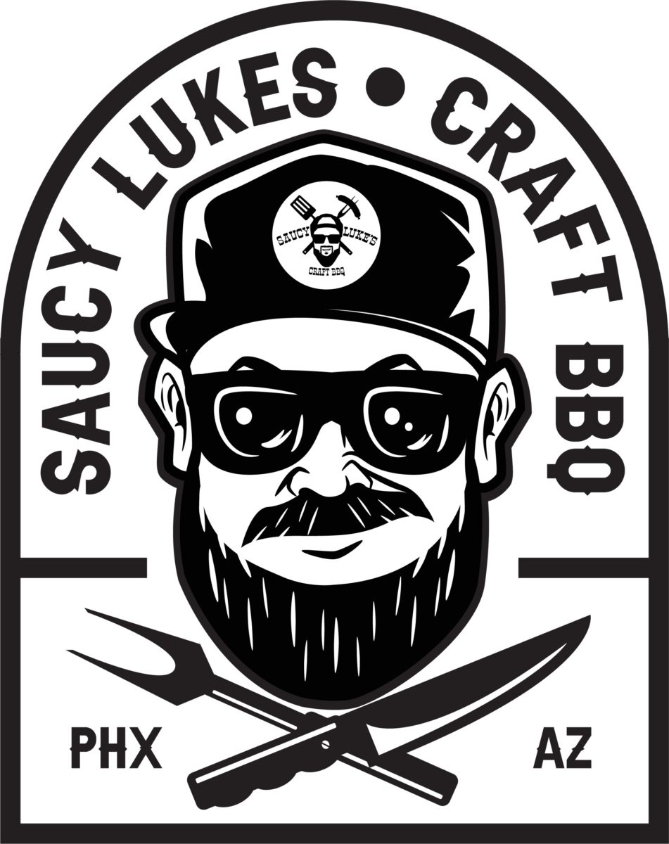 The Saucy Lukes logo, a very nice design colored black and white.