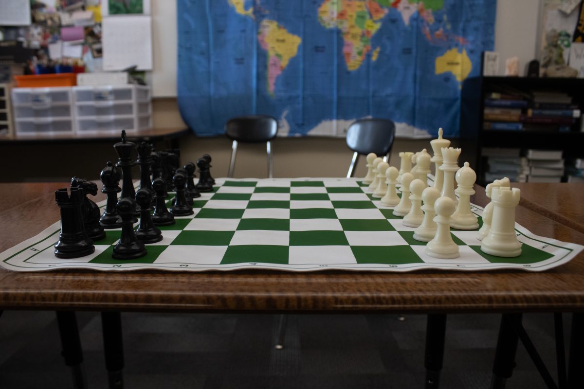 The chess pieces organized in standard placement.