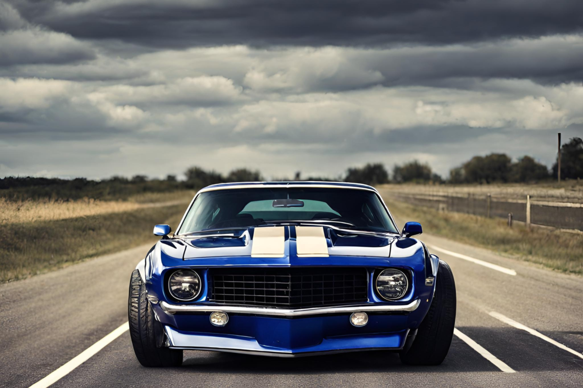 Graphic of a muscle car speeding down an empty road