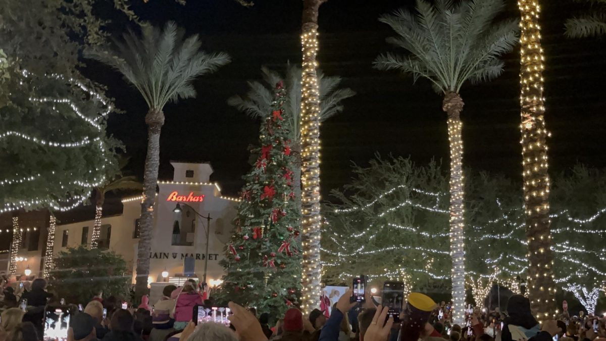 Everyone gathered around before the Christmas tree lights up on main street.
