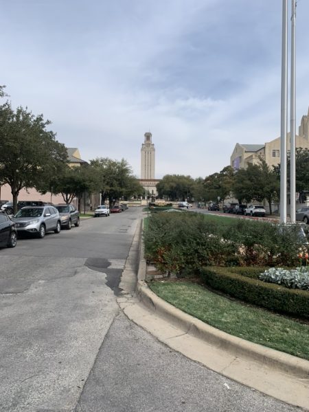A view of the UT tower, an iconic landmark as you walk on to the University of Texas campus.