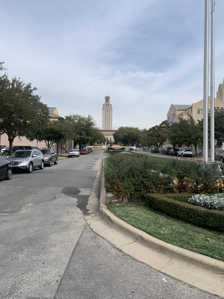 A view of the UT tower, an iconic landmark on campus, as you walk on to campus.