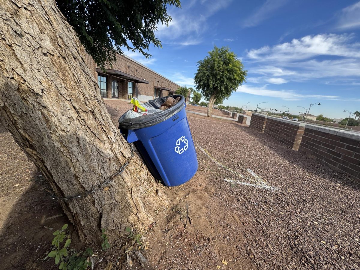 Plastics among other trash overflowing from a recycling receptacle on the Verrado High School Campus. Despite the receptacle label, it won't be recycled because Verrado High School doesn't have any recycling program.