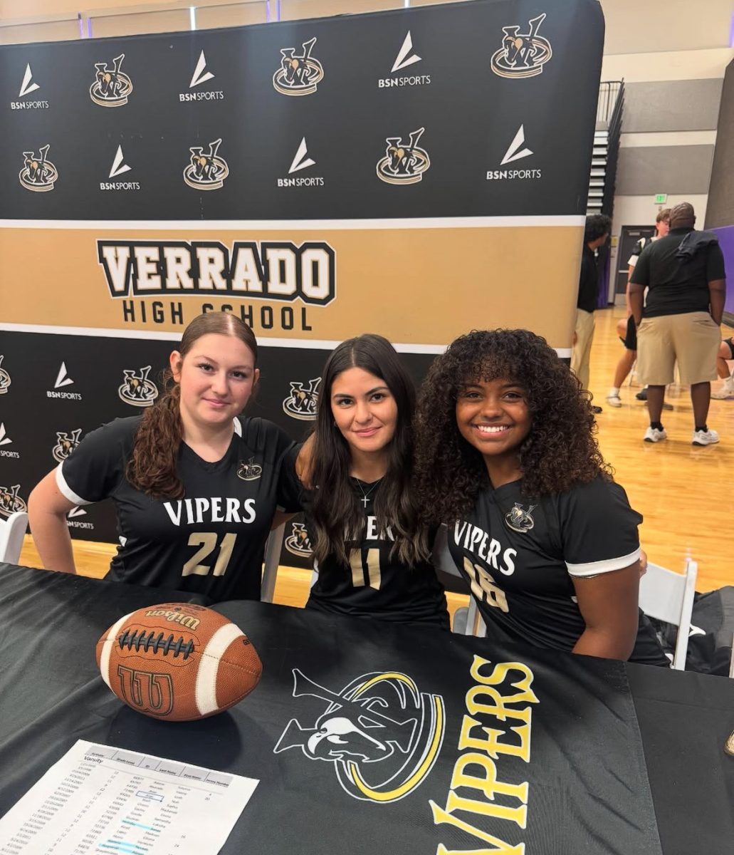 A photo of key players for Verrado's upcoming flag football season. As listed Left to Right: Kelsie Zavala (Sr), Nevah Romero (Sr), and Sanaa Holliday (So).