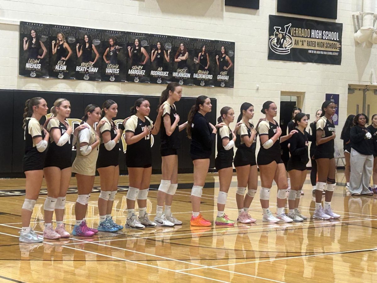 Varsity Vipers Vs. Ironwood game, where the girls are standing for the National Anthem.