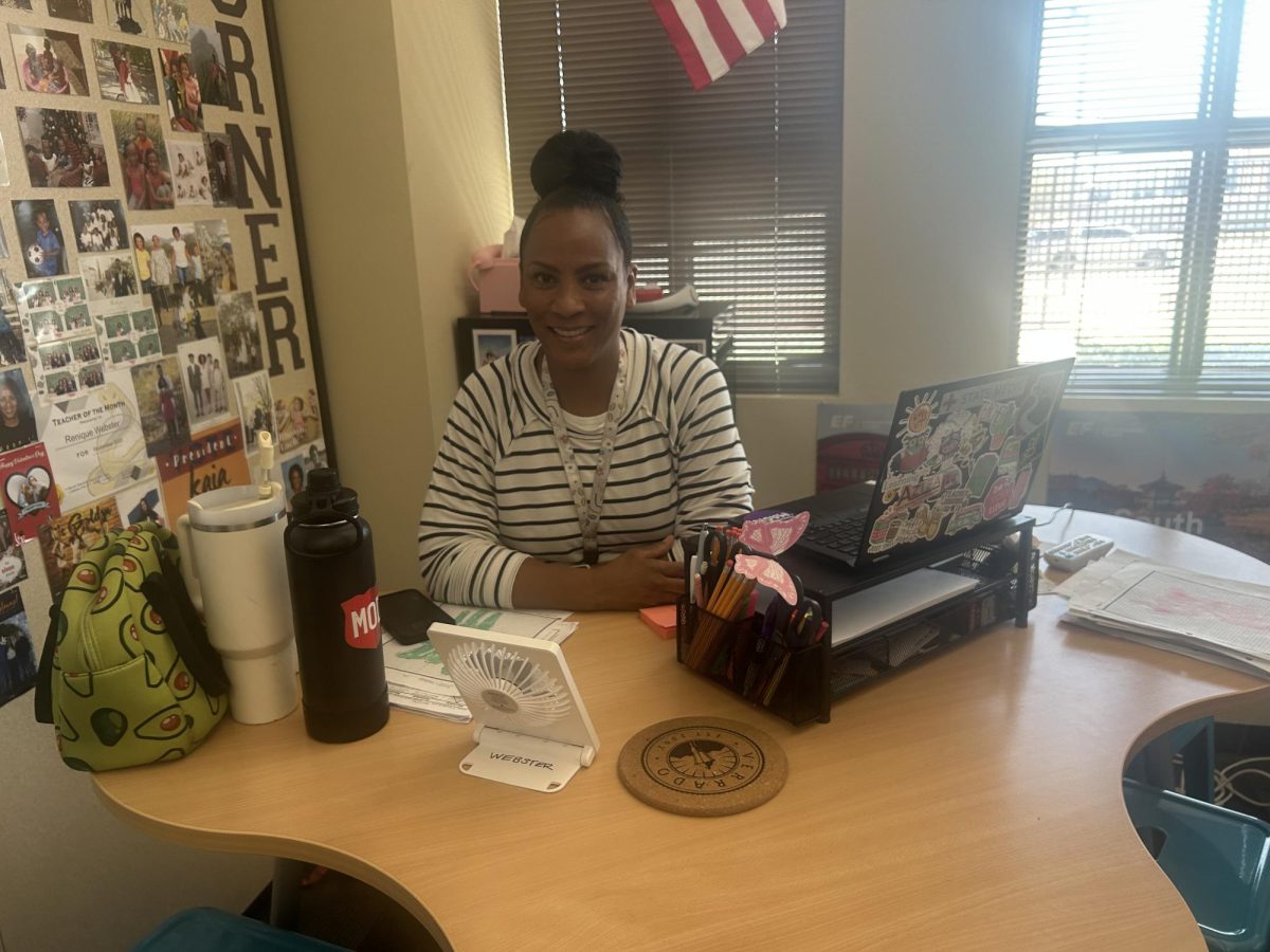 Mrs. Webster sits at her desk ready to teach her sixth period class.