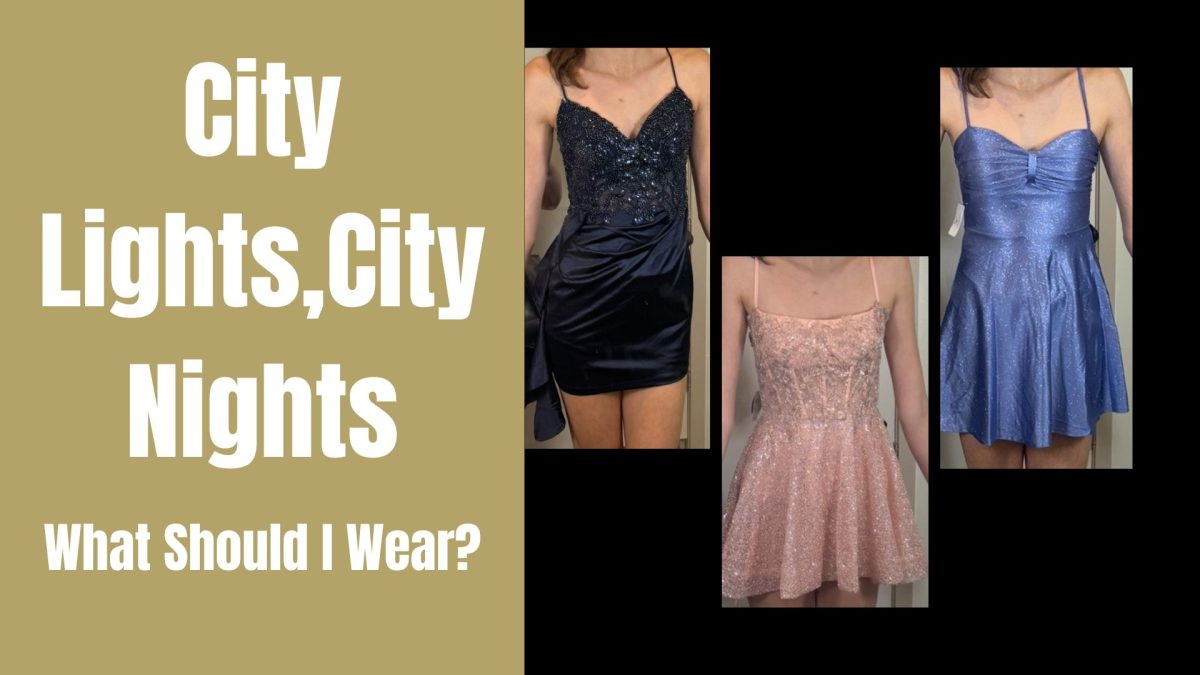 Graphic of the story "City Lights, City Nights: What Should I Wear" story including three dresses.