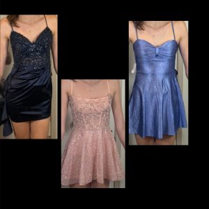 Graphic of the story "City Lights, City Nights: What Should I Wear" story including three dresses.