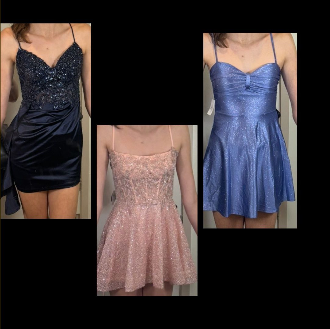 Graphic of the story "City Lights, City Nights: What Should I Wear" story including three dresses.