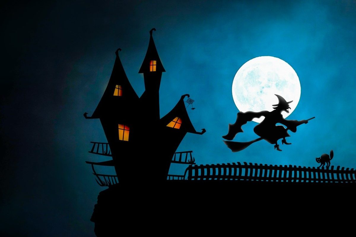 Halloween themed digital art with a witch, haunted house, and a large full moon.