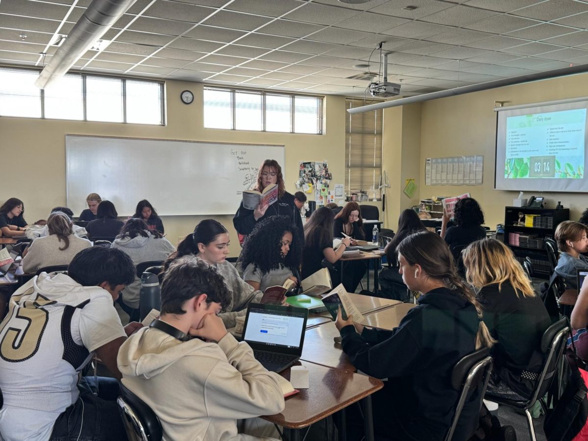 Mrs. Reyna, AP Lang and Honors English teacher leads by example for her students during sustained silent reading. 