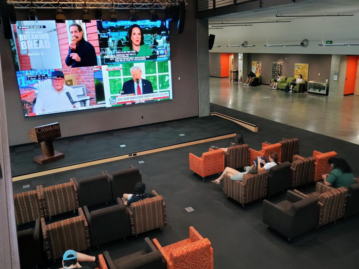 The main center of Walter Cronkite School of Journalism features a massive screen and comfortable seating.