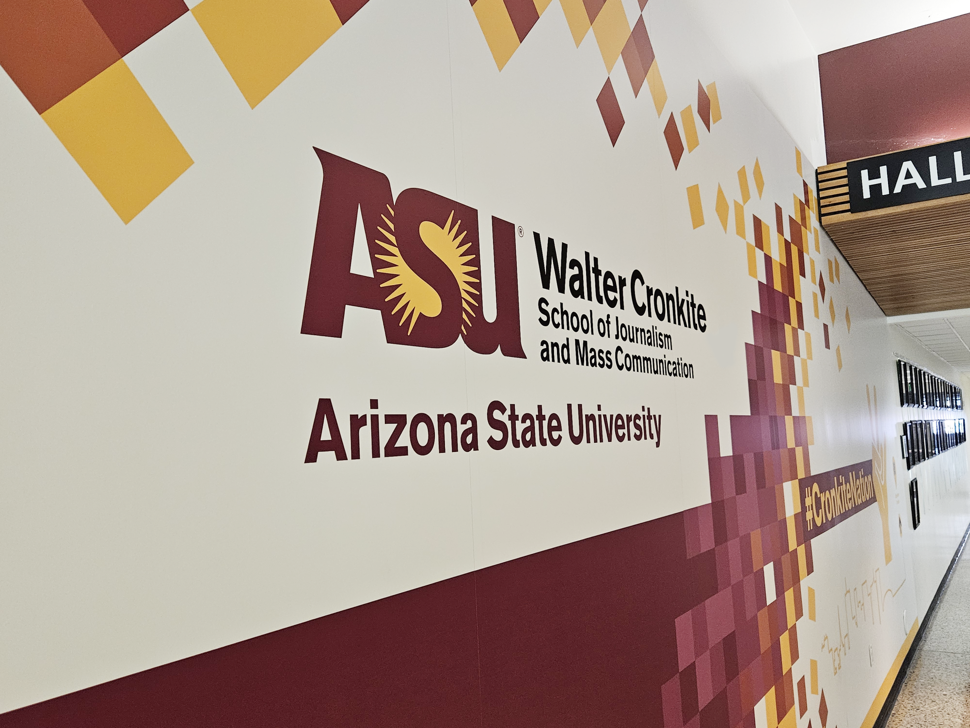 Photo of the inside ASU logo for Walter Cronkite school of media.