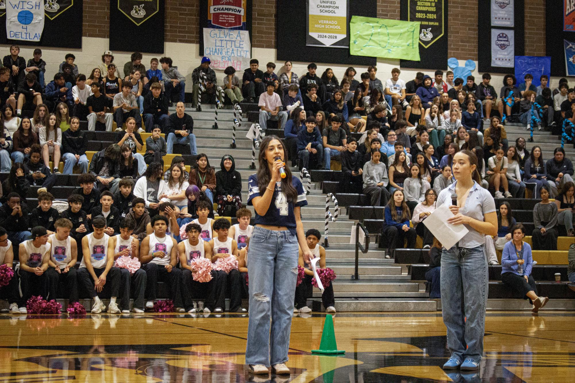 Verrado High School StuGo Body President, Emily Valencia and Vice President of StuGo, Paige Brown speaking at the Wish Week Assembly.