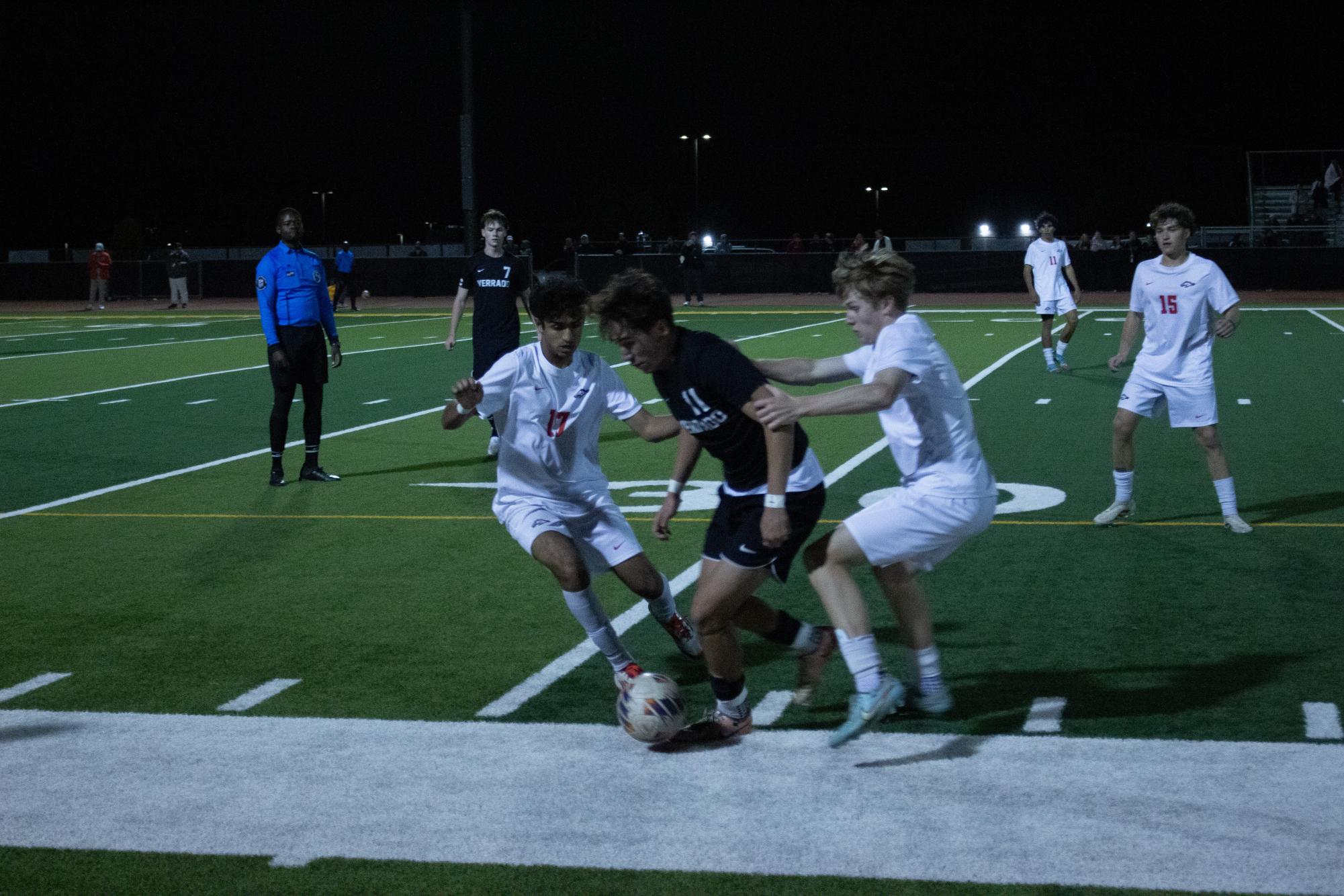 Verrado Boys Soccer Josiah Reynaga fighting against the Broncos during the first half.