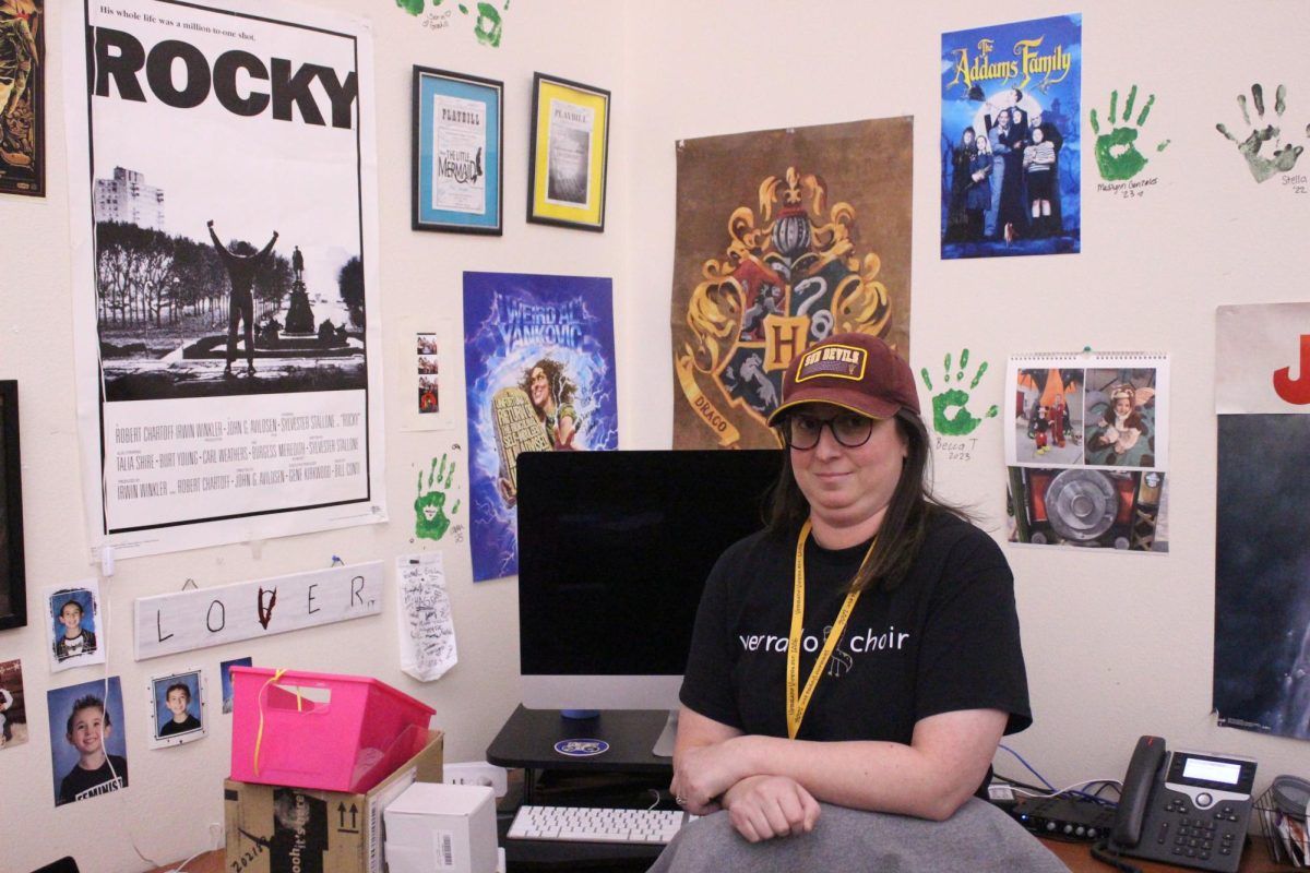 Photo of Mrs. Spiegel at her desk surrounded by some of her favorite film posters. 