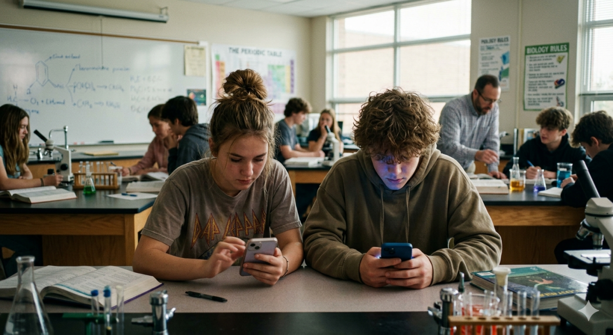 Even with schools limited phone usuage, students still seem more drawn to them rather than most things during class. (Kristi Studts)