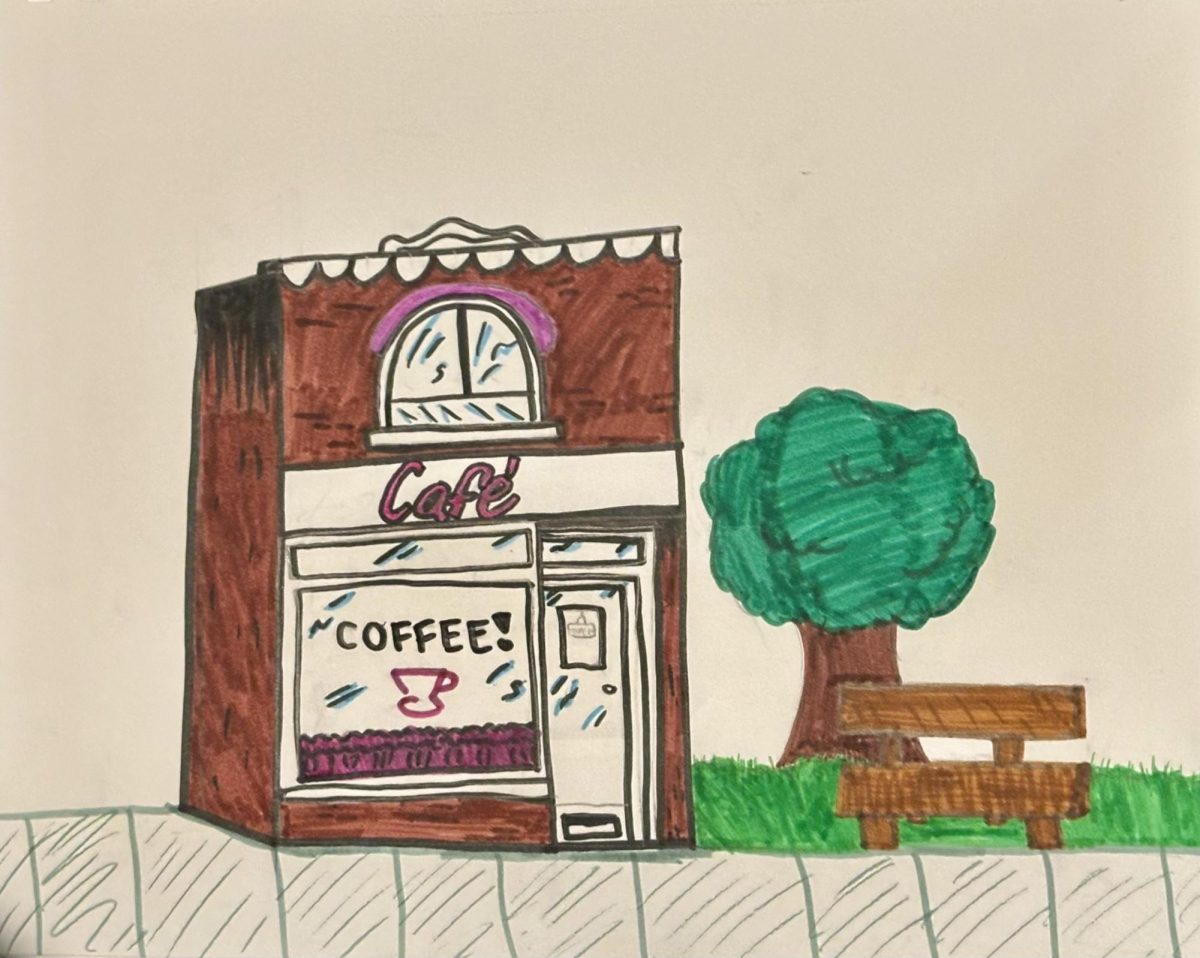 Artwork done by Graciella Perez, which shows a cafe with a bench and tree outside of it.