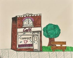 Artwork done by Graciella Perez, which shows a cafe with a bench and tree outside of it.